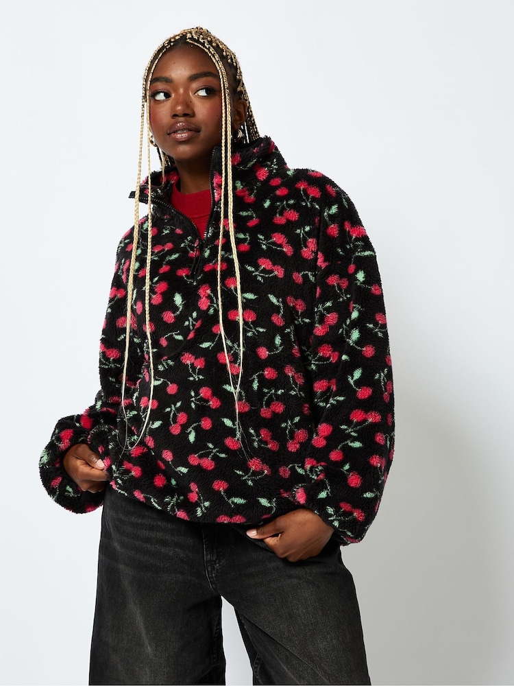 Skinnydip Ditsy Cherry Longline Black Fleece - Image 1 of 6