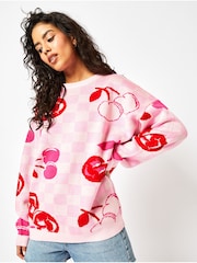Skinnydip Pink Cherry Checkerboard Knit Jumper - Image 1 of 4