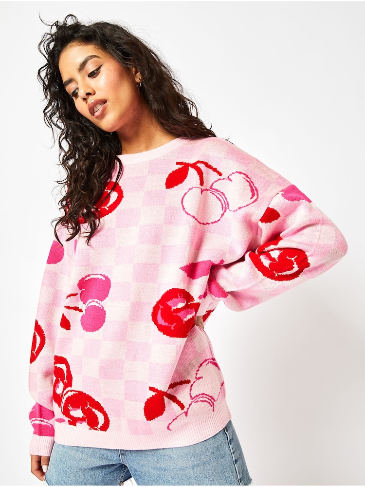 Skinnydip Pink Cherry Checkerboard Knit Jumper - Image 1 of 4