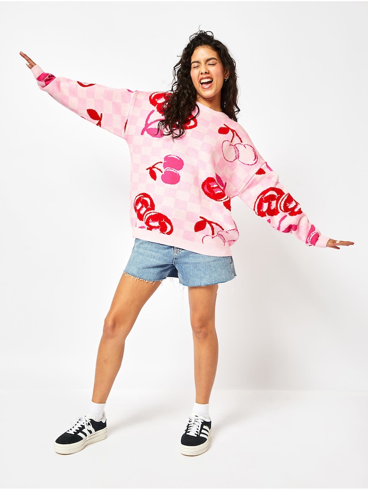 Skinnydip Pink Cherry Checkerboard Knit Jumper - Image 3 of 4