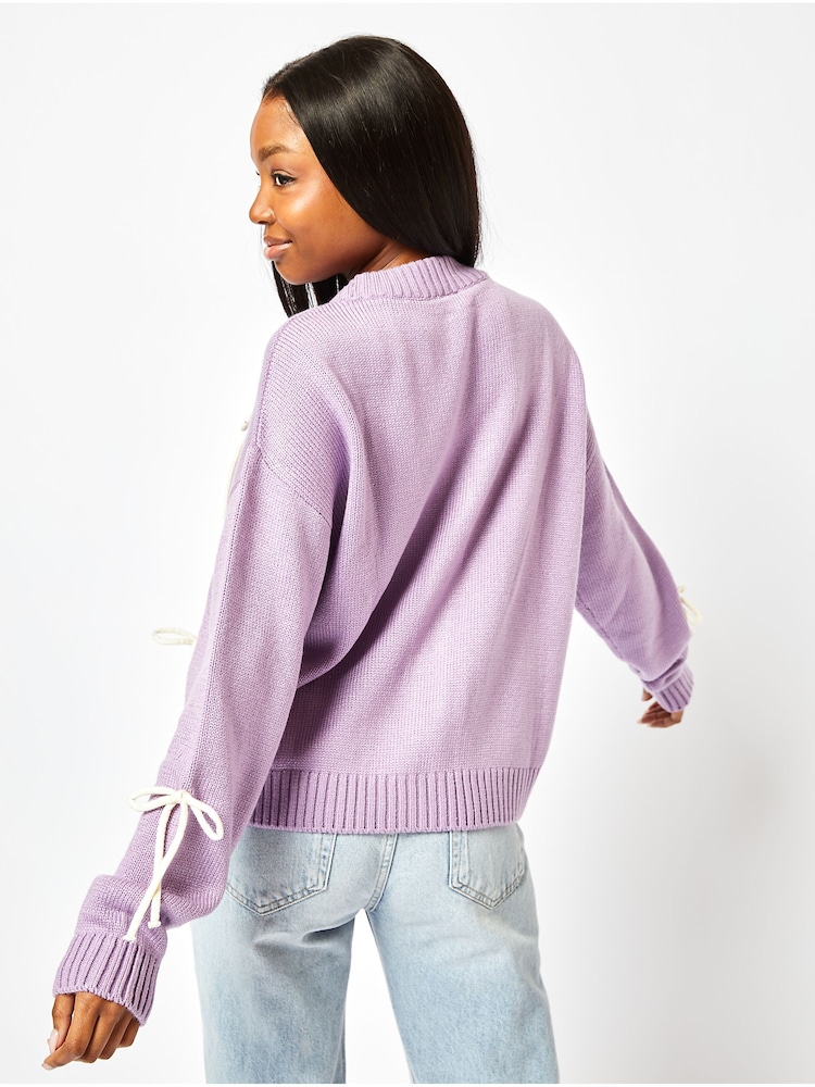 Skinnydip In Your Bow Era Knit Cardigan in Lilac - Image 2 of 4 Skinnydip In Your Bow Era Knit Cardigan in Lilac - Image 2 of 4