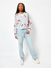 Skinnydip Red Mushroom Knit Cardigan in Blue - Image 1 of 4
