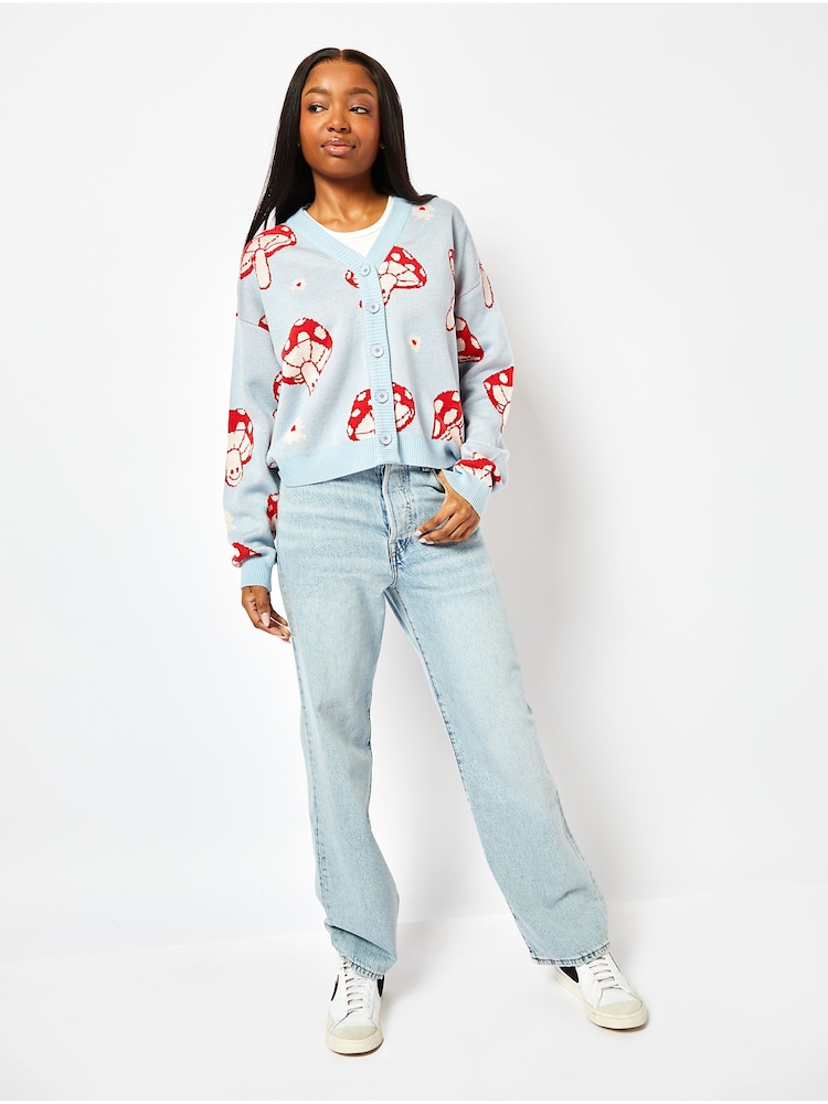 Skinnydip Red Mushroom Knit Cardigan in Blue - Image 1 of 4 Skinnydip Red Mushroom Knit Cardigan in Blue - Image 1 of 4