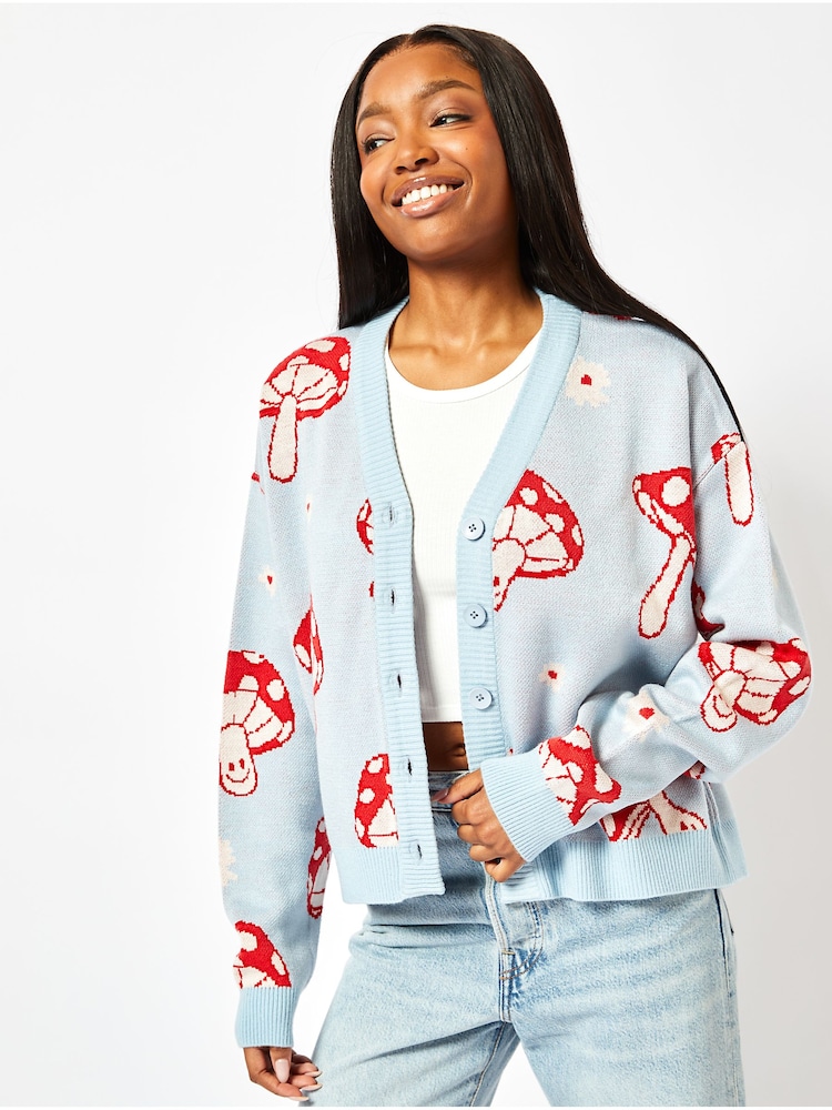 Skinnydip Red Mushroom Knit Cardigan in Blue - Image 2 of 4