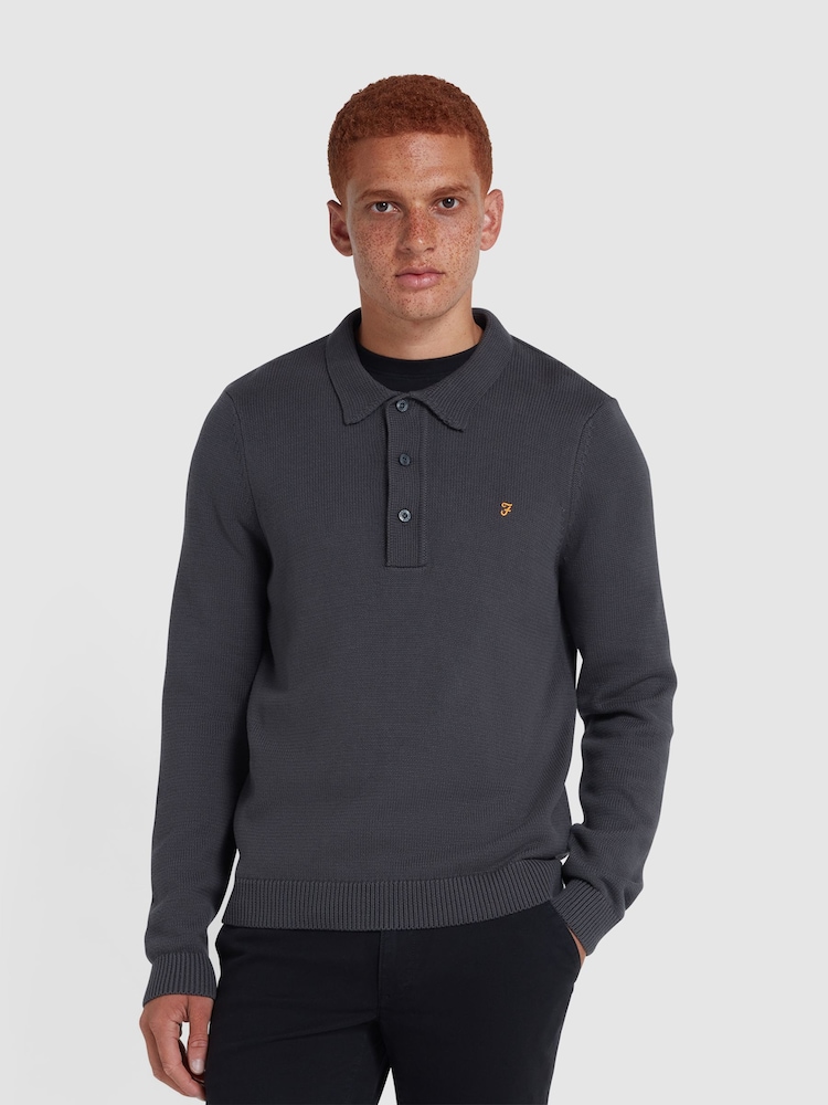 Farah Charcoal Grey Hamlet Long Sleeve Knit Polo Shirt - Image 1 of 5