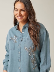 Evans Blue Denim 100% Cotton Shirt With Embellishment - Image 3 of 5