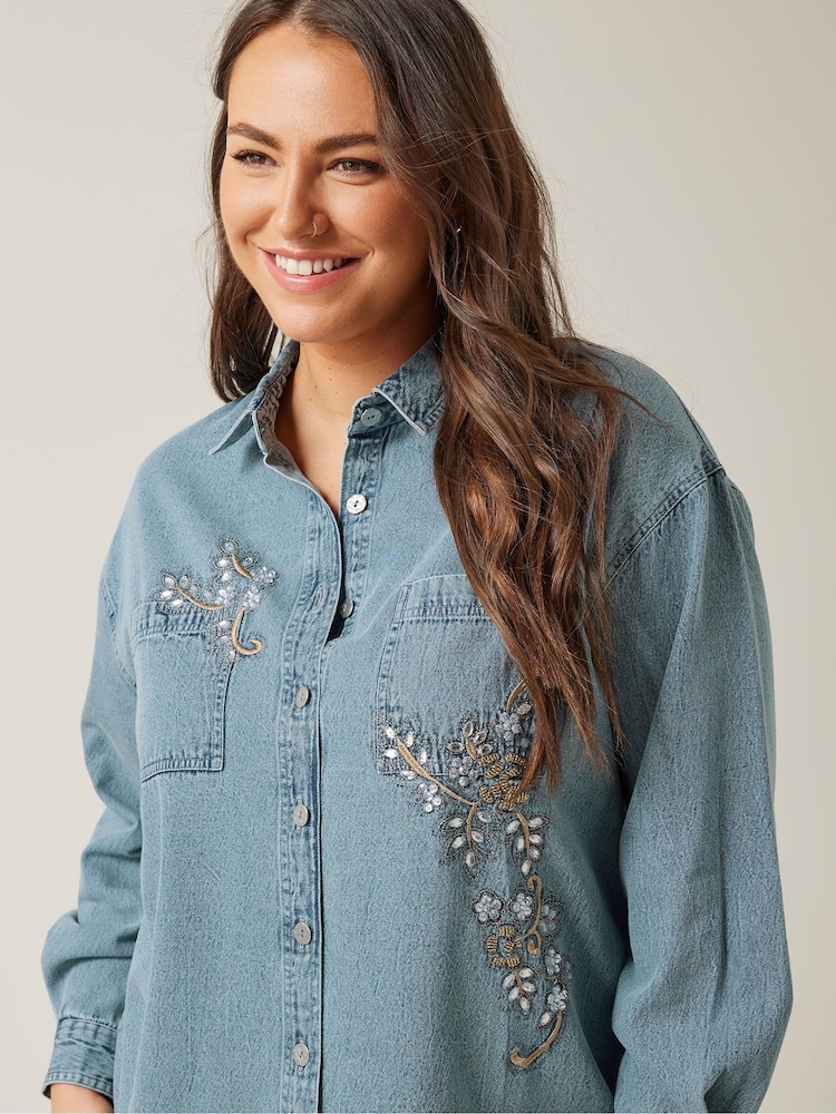 Evans Blue Denim 100% Cotton Shirt With Embellishment - Image 3 of 5