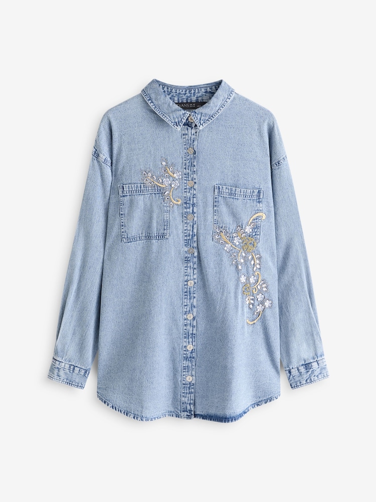 Evans Blue Denim 100% Cotton Shirt With Embellishment - Image 5 of 5