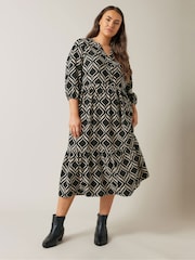 Evans Natural Geometric Print 1/2 Placket Dress - Image 1 of 5
