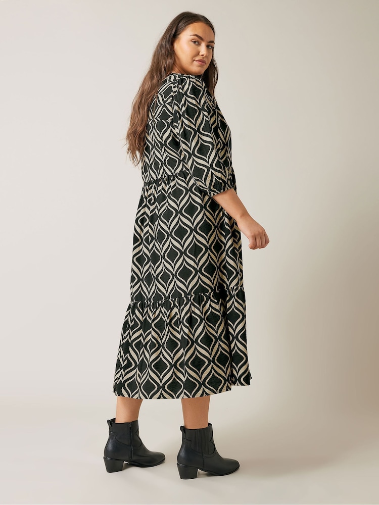 Evans Natural Geometric Print 1/2 Placket Dress - Image 2 of 5