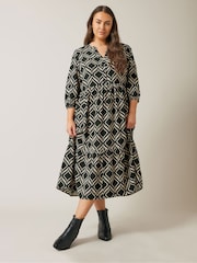 Evans Natural Geometric Print 1/2 Placket Dress - Image 3 of 5
