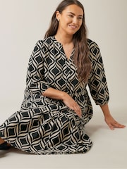 Evans Natural Geometric Print 1/2 Placket Dress - Image 4 of 5
