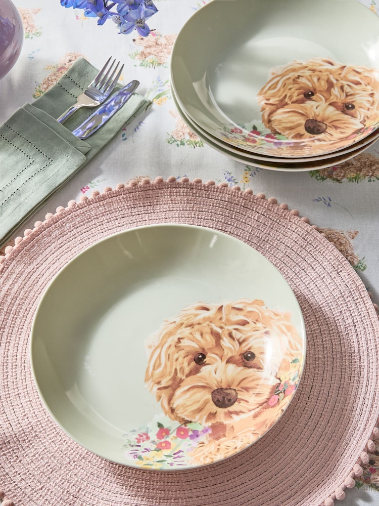 Set of 4 Sage Green Charlie The Cockapoo Dog Pasta Bowls - Image 2 of 5
