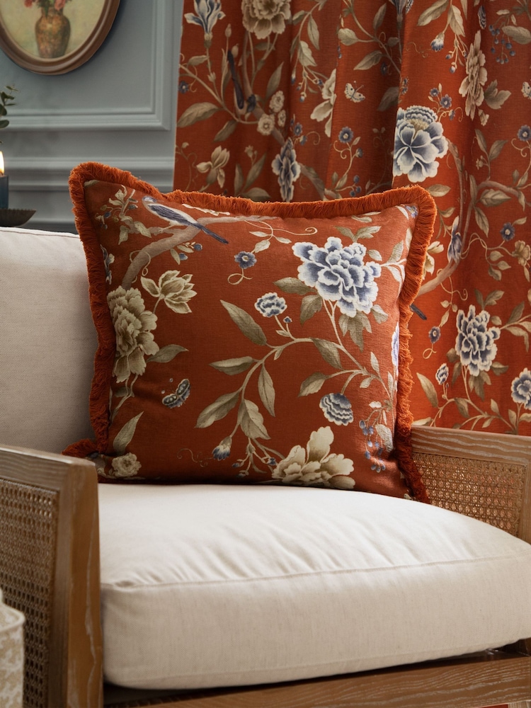 Sanderson Rust Porcelain Garden Matt Velvet Piped Cushion - Image 1 of 6