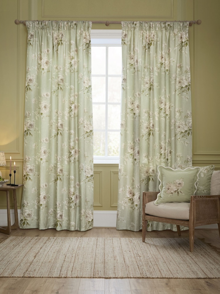 Sanderson Sage Adele Floral Printed Pencil Pleat Curtains - Image 1 of 4