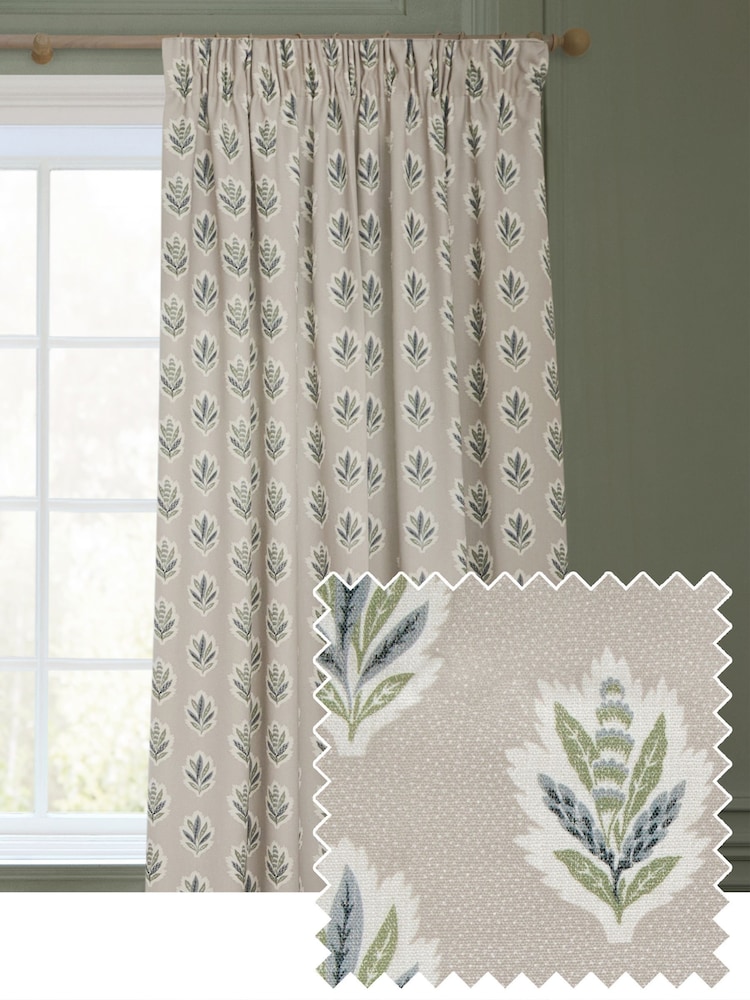 Sanderson Flax Sessile Leaf Printed Pencil Pleat Curtains - Image 2 of 6