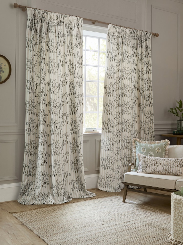 Sanderson Linen Chinese Lanterns Embroidered Floral Striped Pencil Pleat Curtains - Image 1 of 4