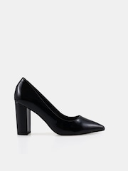 Novo Black Patent Regular Fit Illiana Block Heel Point Court Shoes - Image 2 of 6
