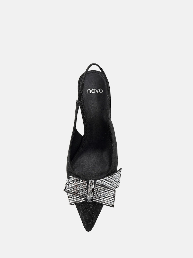 Novo Black Wide Fit Isernia Luxe Diamante Bow Slingback Court Shoes - Image 6 of 6