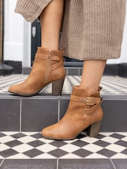 Novo Brown Wide Fit Jayda Buckle Detail Heeled Boots - Image 1 of 6