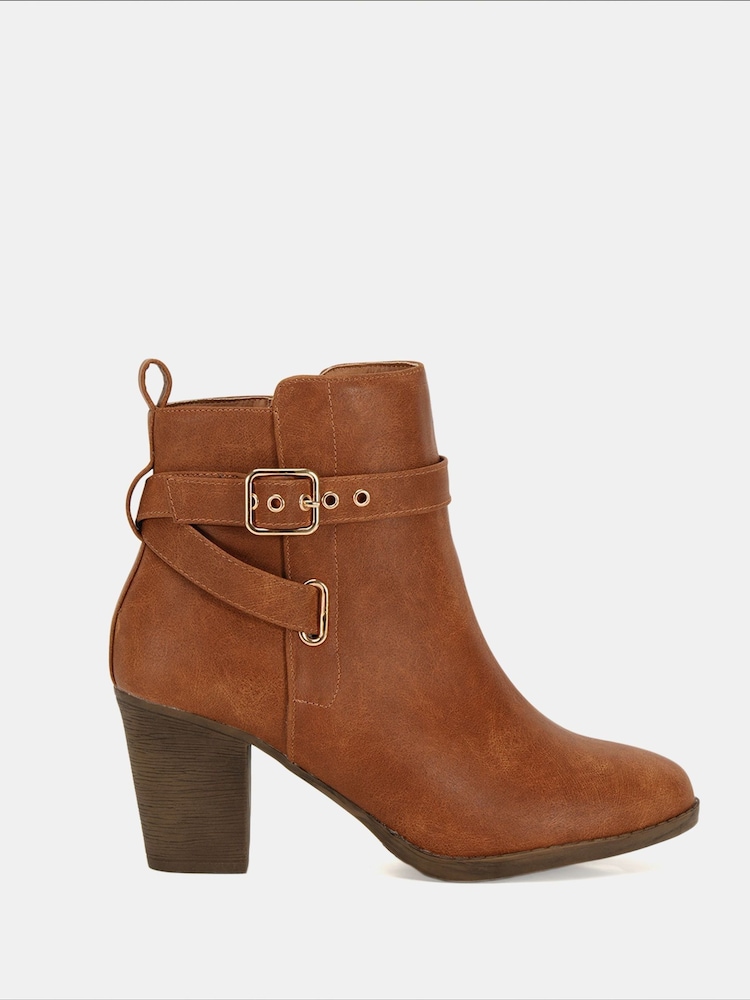 Novo Brown Wide Fit Jayda Buckle Detail Heeled Boots - Image 2 of 6