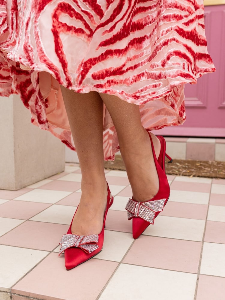 Novo Red Wide Fit Isernia Luxe Diamante Bow Slingback Court Shoes - Image 1 of 6