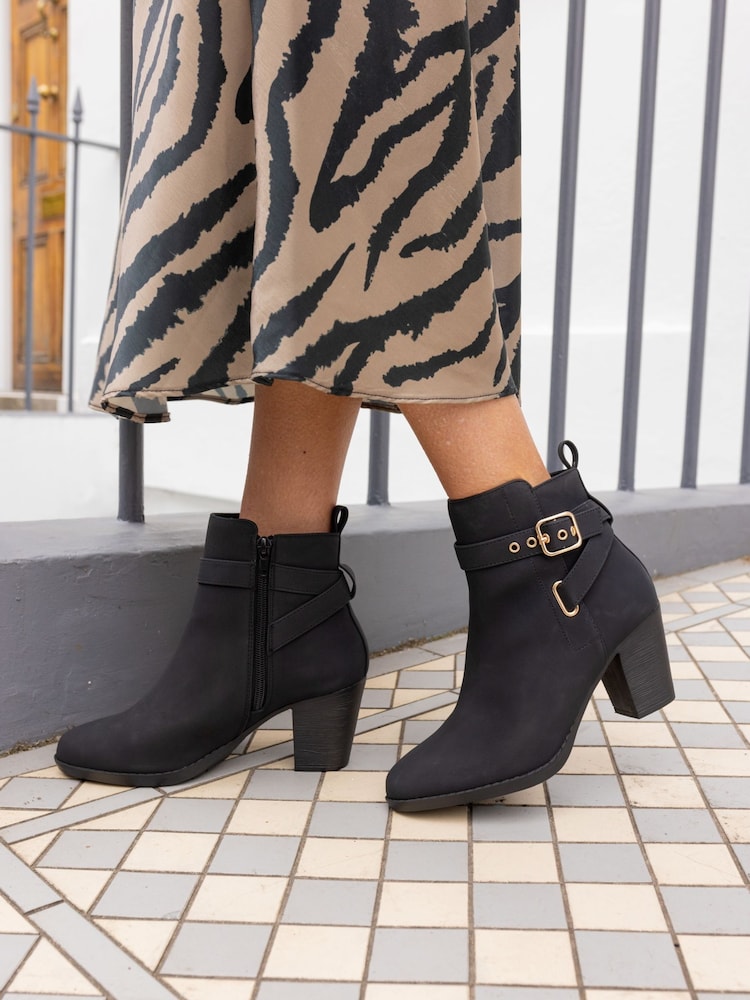 Novo Black Wide Fit Jayda Buckle Detail Heeled Boots - Image 1 of 6