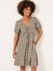 FatFace Nell Black Leaf Short Sleeve V-Neck Midi Dress - Image 1 of 6