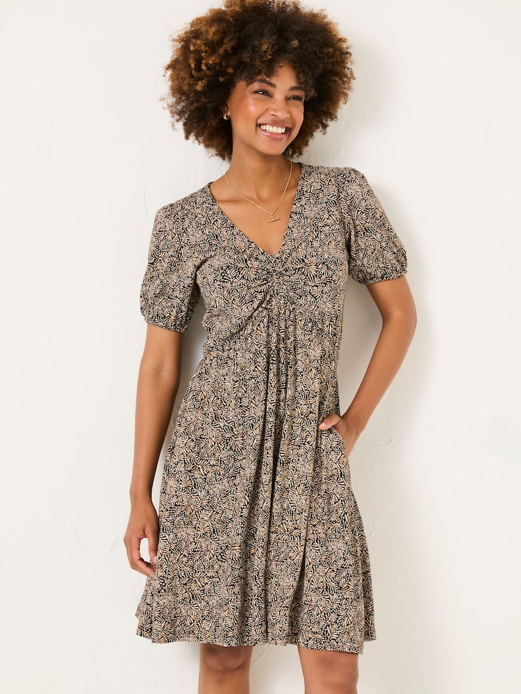 Black Leaf Dot - FatFace Short Sleeve V-Neck Midi Dress - Bild 1 von 6 Black Leaf Dot - FatFace Short Sleeve V-Neck Midi Dress - Bild 1 von 6
