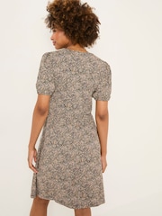 FatFace Nell Black Leaf Short Sleeve V-Neck Midi Dress - Image 2 of 6