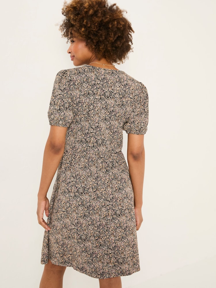 FatFace Nell Black Leaf Short Sleeve V-Neck Midi Dress - Image 2 of 6