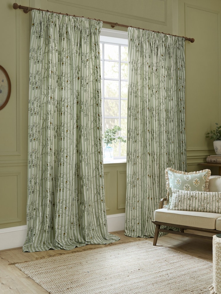 Sanderson Sage Chinese Lanterns Embroidered Floral Striped Pencil Pleat Curtains - Image 1 of 6