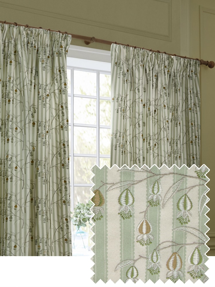 Sanderson Sage Chinese Lanterns Embroidered Floral Striped Pencil Pleat Curtains - Image 2 of 6 Sanderson Sage Chinese Lanterns Embroidered Floral Striped Pencil Pleat Curtains - Image 2 of 6