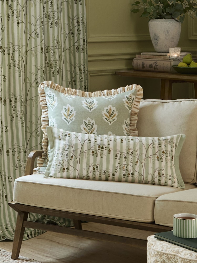 Sanderson Sage Chinese Lanterns Embroidered Floral Striped Pencil Pleat Curtains - Image 5 of 5