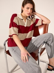 Red Stripe Short Sleeve V-Neck Polo Collar Knitted Jumper With Wool - Image 1 of 1