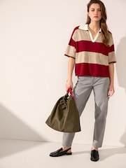 Red Stripe Short Sleeve V-Neck Polo Collar Knitted Jumper With Wool - Image 2 of 8
