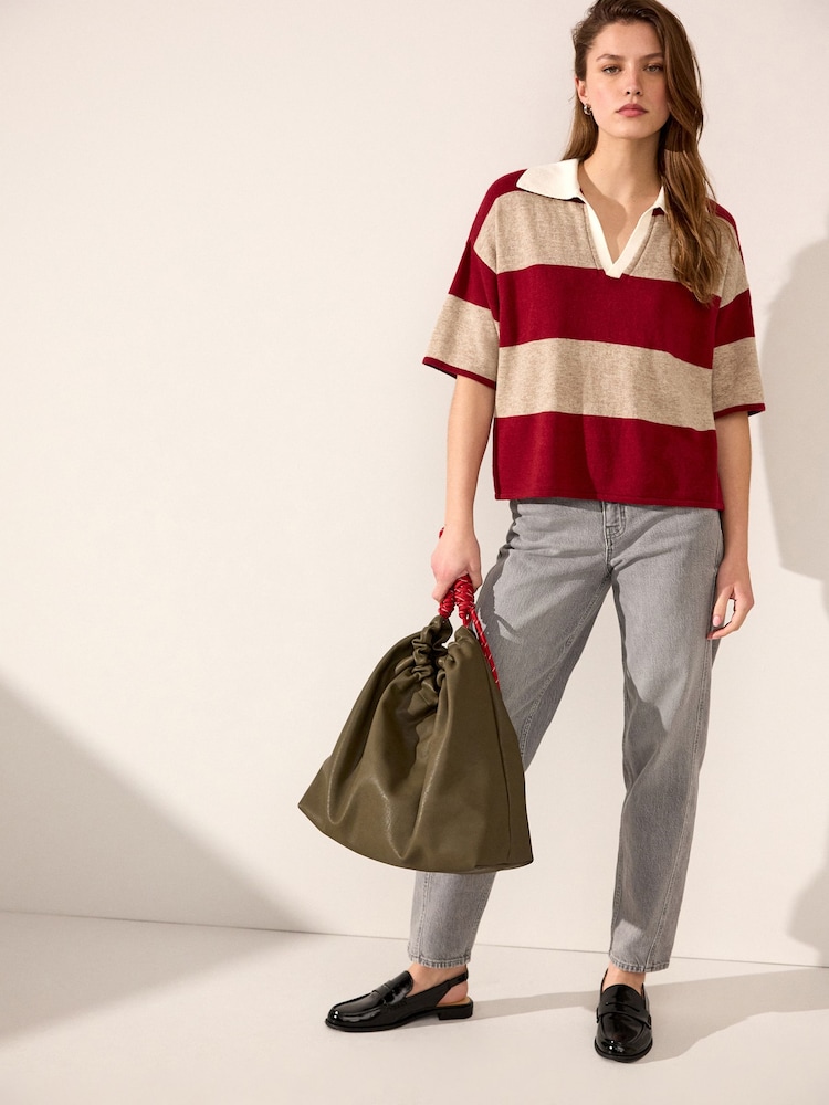 Red Stripe Short Sleeve V-Neck Polo Collar Knitted Jumper With Wool - Image 2 of 8