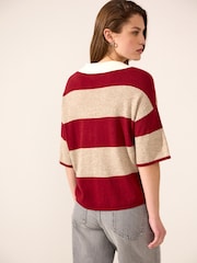 Red Stripe Short Sleeve V-Neck Polo Collar Knitted Jumper With Wool - Image 4 of 8