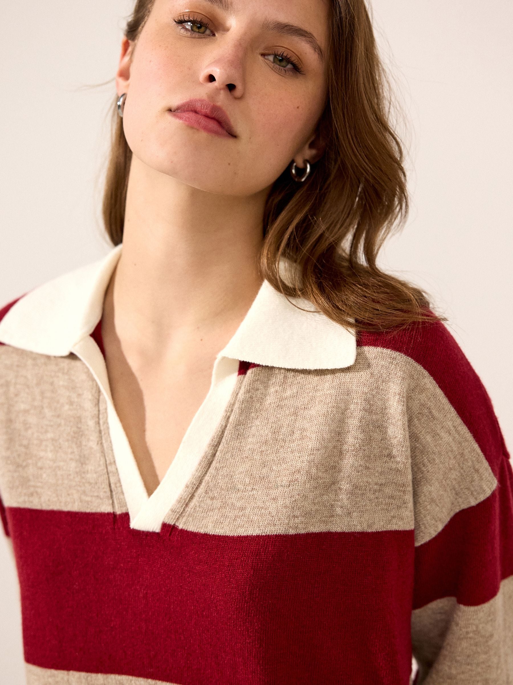 Buy Red Stripe Short Sleeve V-Neck Polo Collar Knitted Jumper With