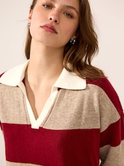 Red Stripe Short Sleeve V-Neck Polo Collar Knitted Jumper With Wool - Image 5 of 8