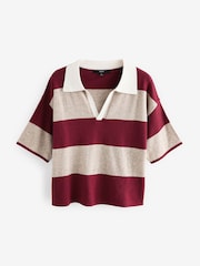 Red Stripe Short Sleeve V-Neck Polo Collar Knitted Jumper With Wool - Image 6 of 8