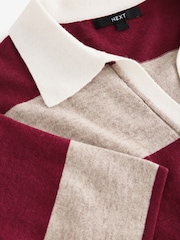 Red Stripe Short Sleeve V-Neck Polo Collar Knitted Jumper With Wool - Image 8 of 8