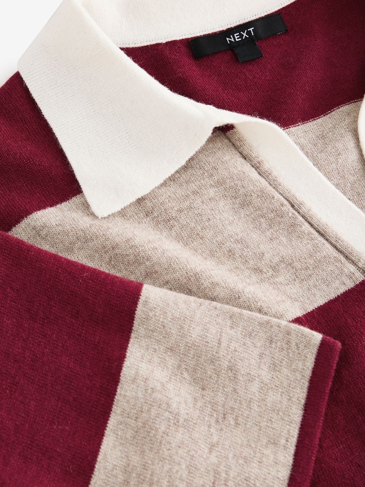 Red Stripe Short Sleeve V-Neck Polo Collar Knitted Jumper With Wool - Image 8 of 8