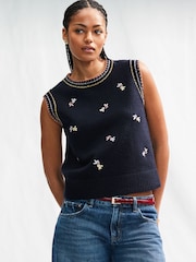 Blue Navy Embroidered Floral Print Sleeveless Knitted Tank - Image 1 of 7