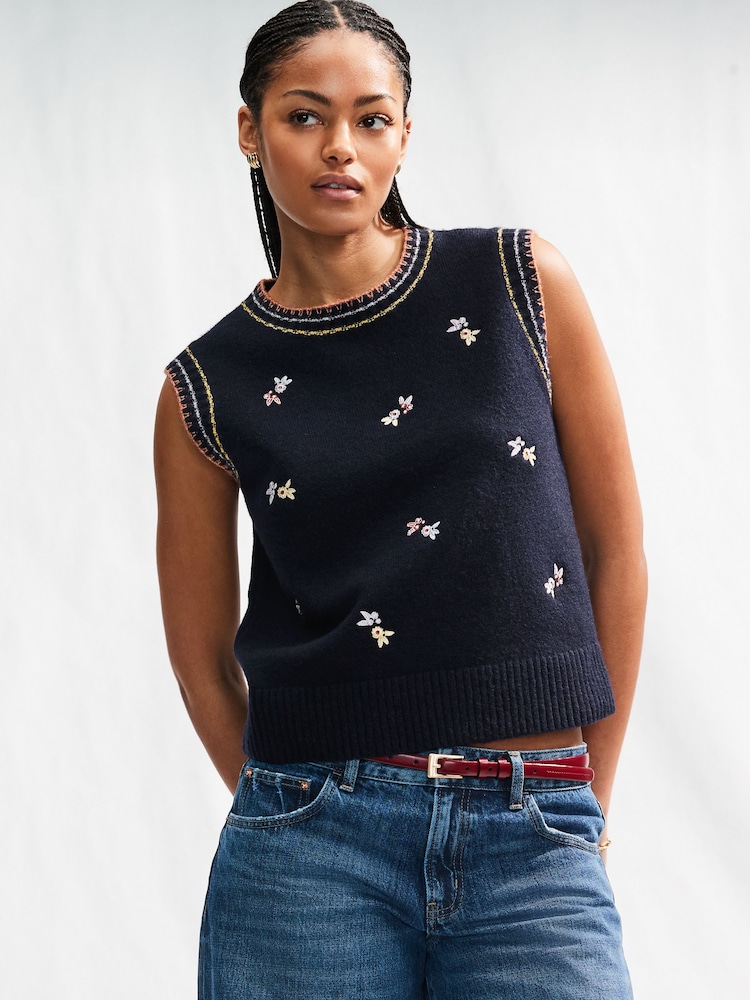 Blue Navy Embroidered Floral Print Sleeveless Knitted Tank - Image 1 of 7