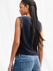 Blue Navy Embroidered Floral Print Sleeveless Knitted Tank - Image 2 of 7