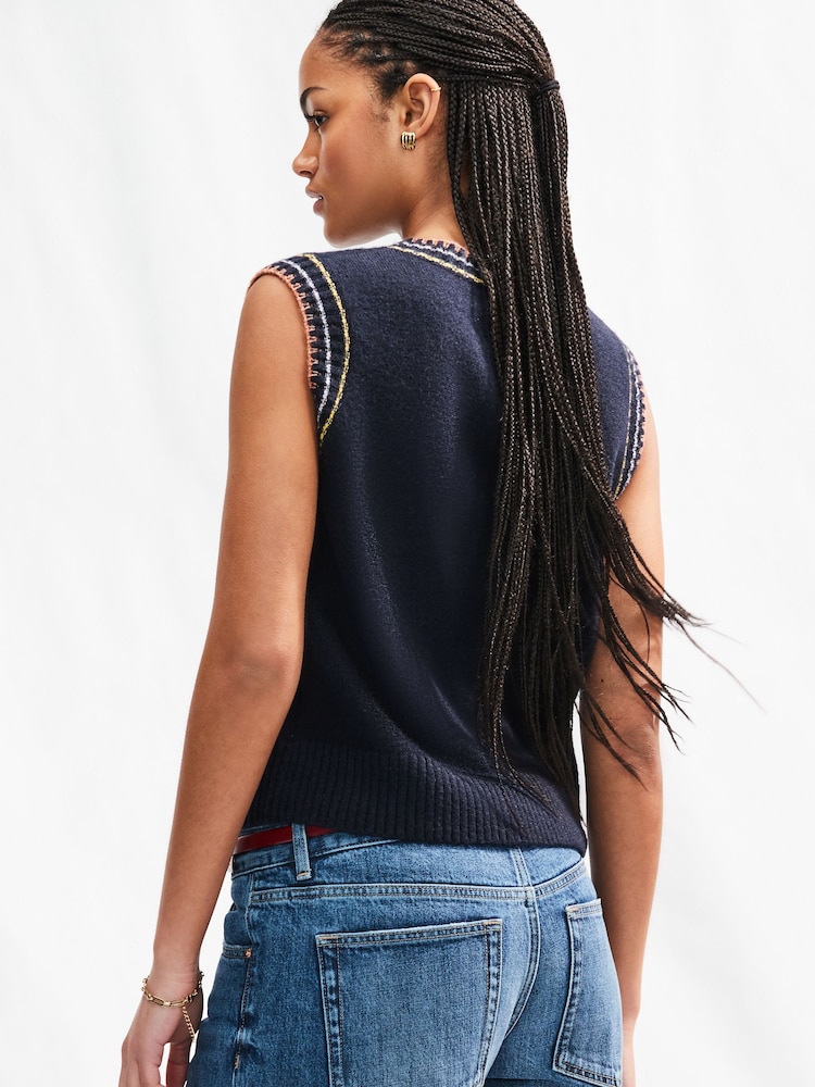 Blue Navy Embroidered Floral Print Sleeveless Knitted Tank - Image 2 of 7