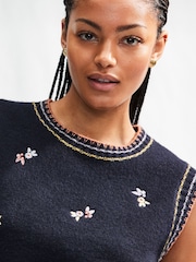 Blue Navy Embroidered Floral Print Sleeveless Knitted Tank - Image 3 of 7