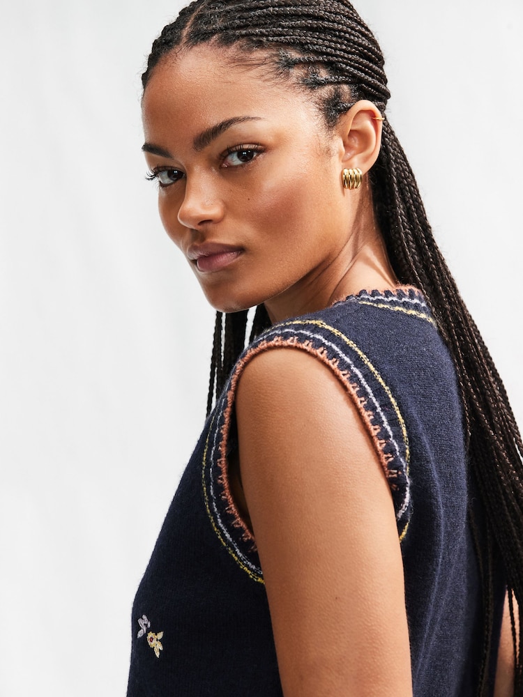 Blue Navy Embroidered Floral Print Sleeveless Knitted Tank - Image 4 of 7
