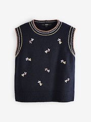 Blue Navy Embroidered Floral Print Sleeveless Knitted Tank - Image 5 of 7
